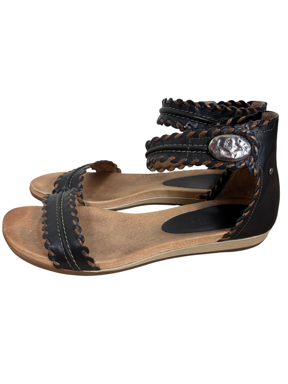 Pikolinos Alcudia Black Leather Whipstitched Comfort Sandals Size 9 EU 40